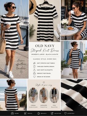 Old Navy Dress Large Black White Stripe Shift Nautical Coastal Chic French Girl